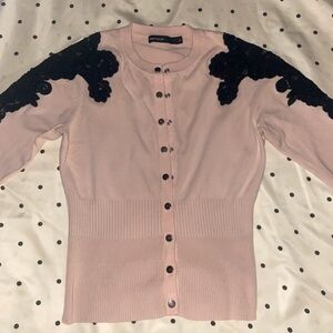 Chic Pink Cardigan with Black Lace Accents